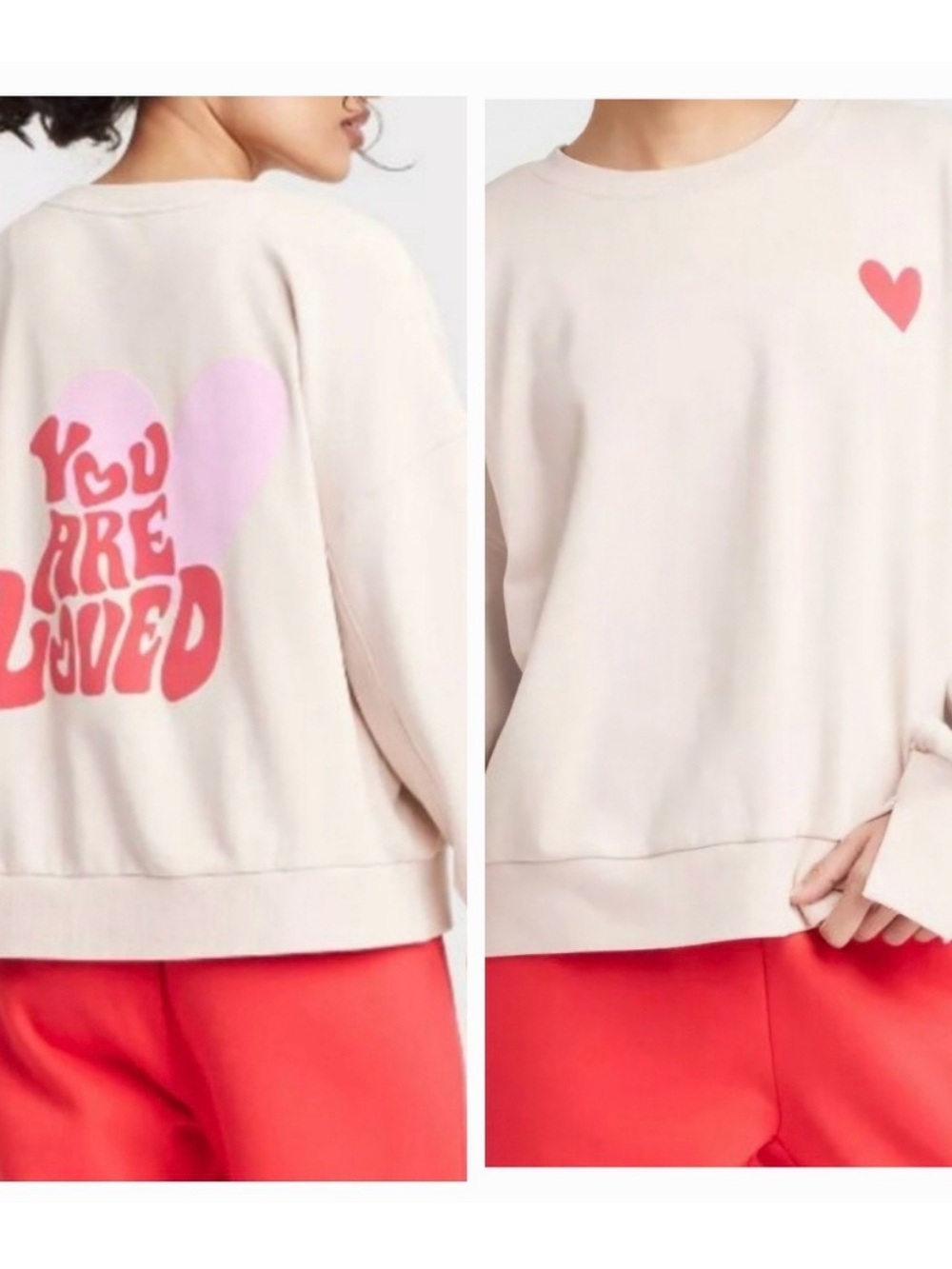 Cream Sweatshirt with Pink & Red Heart Graphics - "You Are Loved"